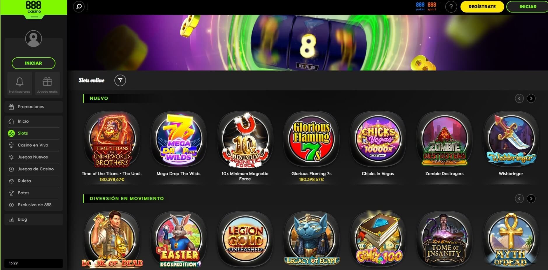 Sección de tragamonedas en 888 Casino
