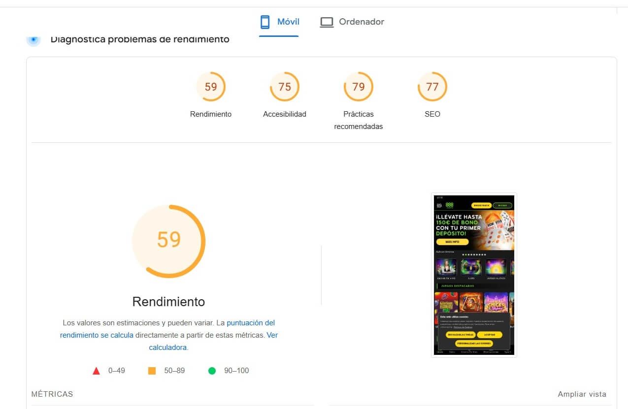Análisis de diseño, estructura y velocidad de carga de página en 888 Casino