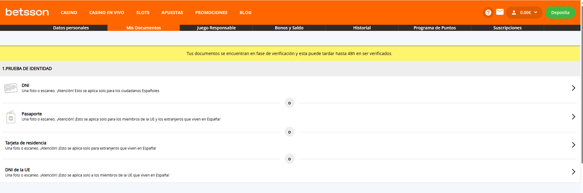 Betsson Casino – Registro en el casino, fase 3