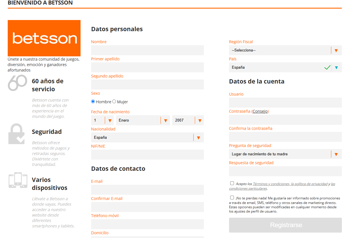 Betsson Casino – Proceso de registro en línea, fase 1