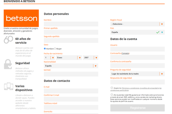 Betsson Casino – Proceso de registro en línea, fase 1