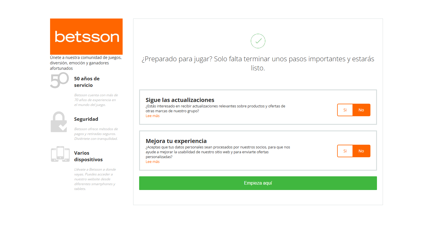 Betsson Casino – Proceso de registro, fase 2