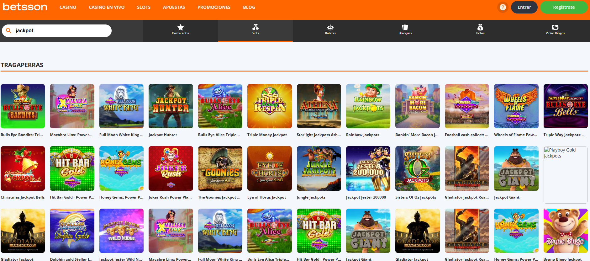 Sección de tragamonedas con jackpot en Betsson Casino España