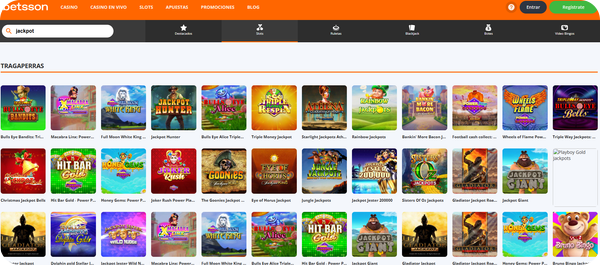 Sección de tragamonedas con jackpot en Betsson Casino España
