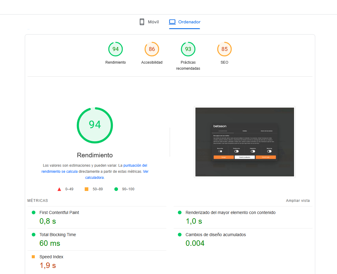 Análisis de velocidad de página del sitio Betsson Casino en versión desktop