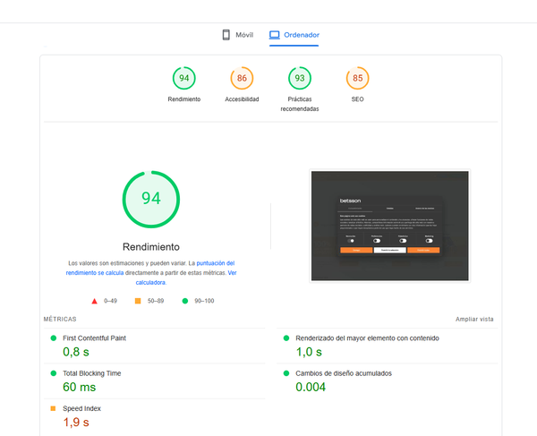 Análisis de velocidad de página del sitio Betsson Casino en versión desktop