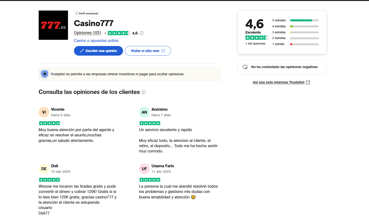 Valoración Trustpilot para el casino online 777