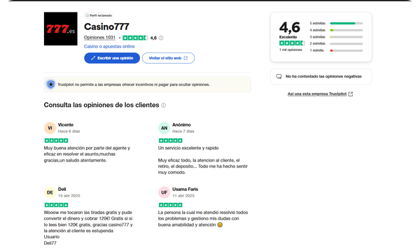 Valoración Trustpilot para el casino online 777