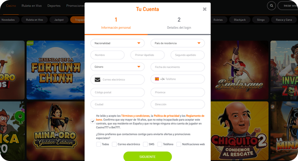 777 Casino – Proceso de registro en línea, fase 1