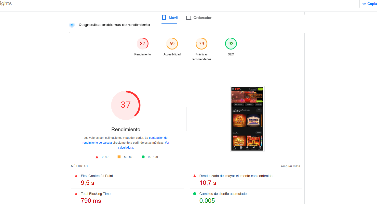 Análisis de velocidad de página del sitio Casino777 en version móvile