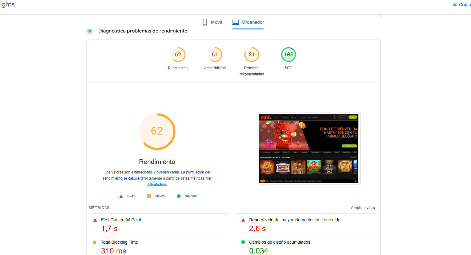 Análisis de velocidad de página del sitio Casino777 en version desktop