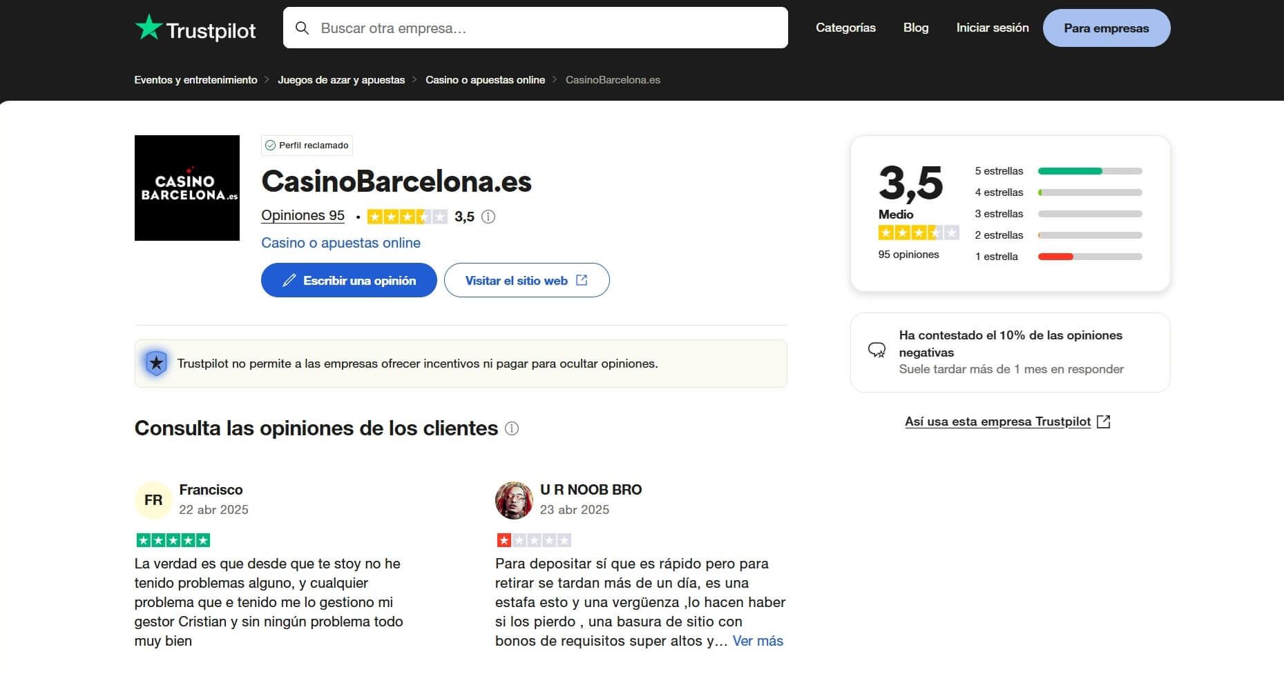 Valoración Trustpilot para el casino online barcelona