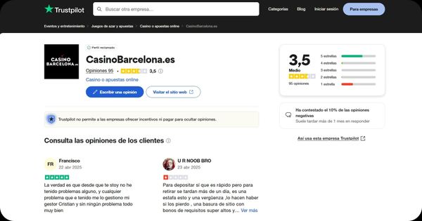Valoración Trustpilot para el casino online barcelona