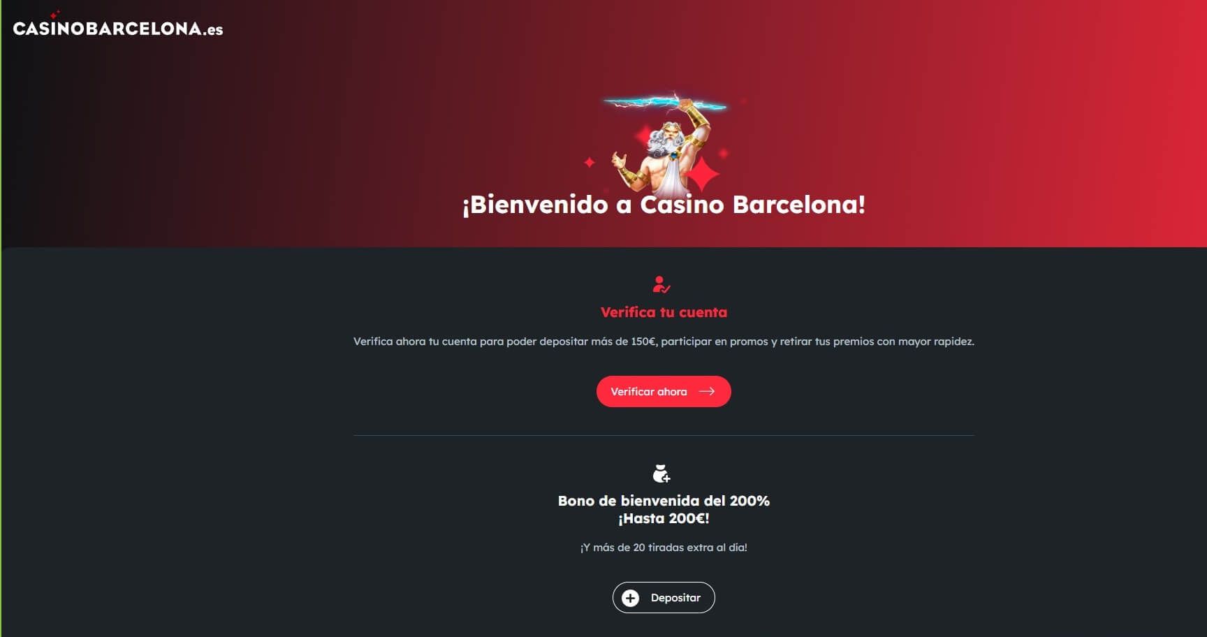 Pantalla de bienvenida y verificación de cuenta de Casino Barcelona online