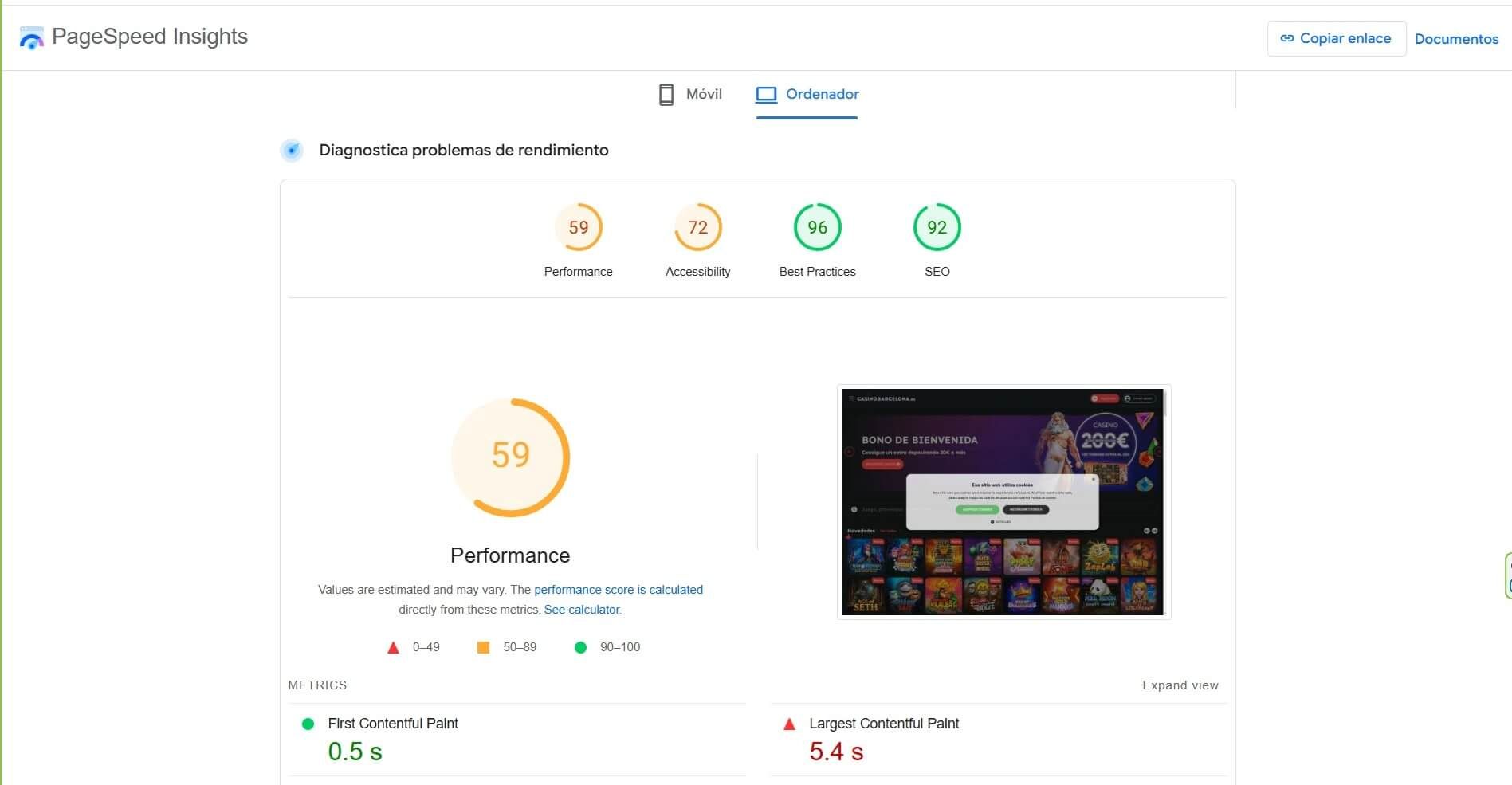 Análisis de velocidad de página del sitio barcelona Casino en version desktop