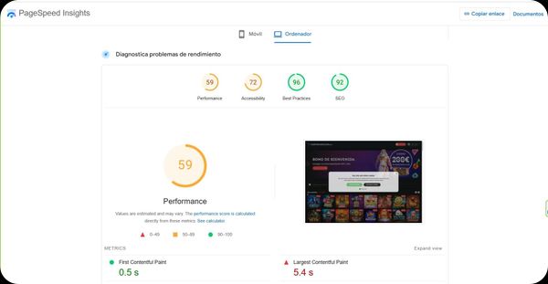 Análisis de velocidad de página del sitio barcelona Casino en version desktop