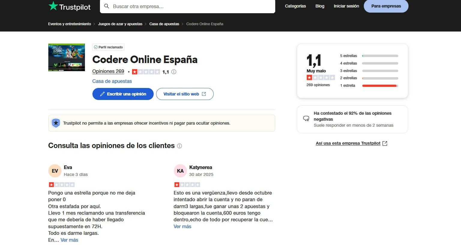 Valoración Trustpilot para el casino online Codere