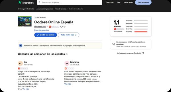 Valoración Trustpilot para el casino online Codere