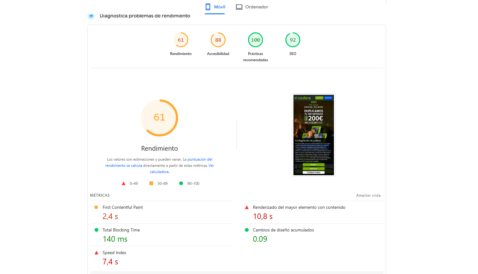 Análisis de velocidad de página del sitio barcelona Casino en version móvil