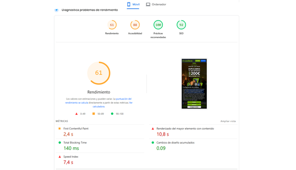 Análisis de velocidad de página del sitio barcelona Casino en version móvil