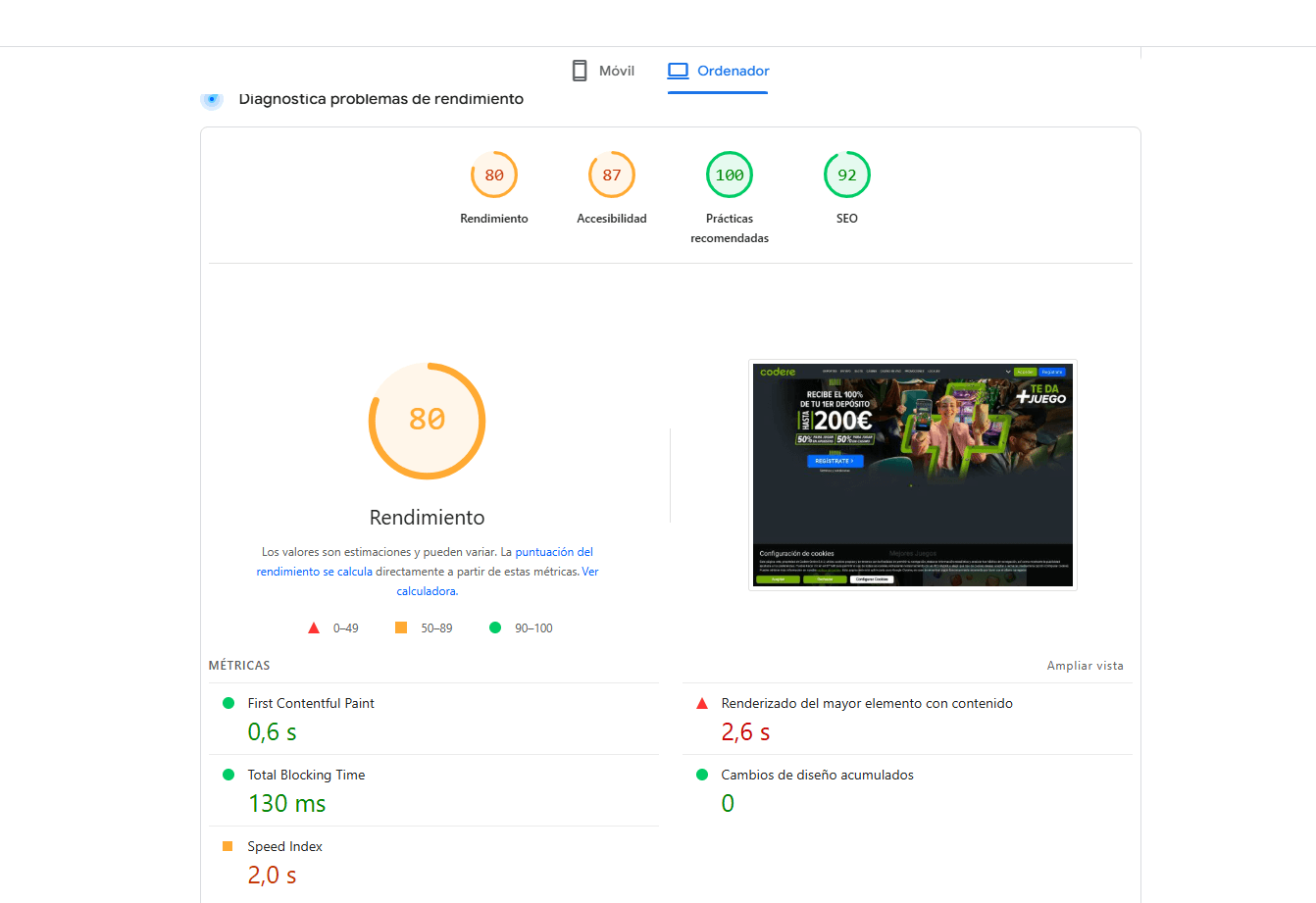 Análisis de velocidad de página del sitio barcelona Casino en version desktop