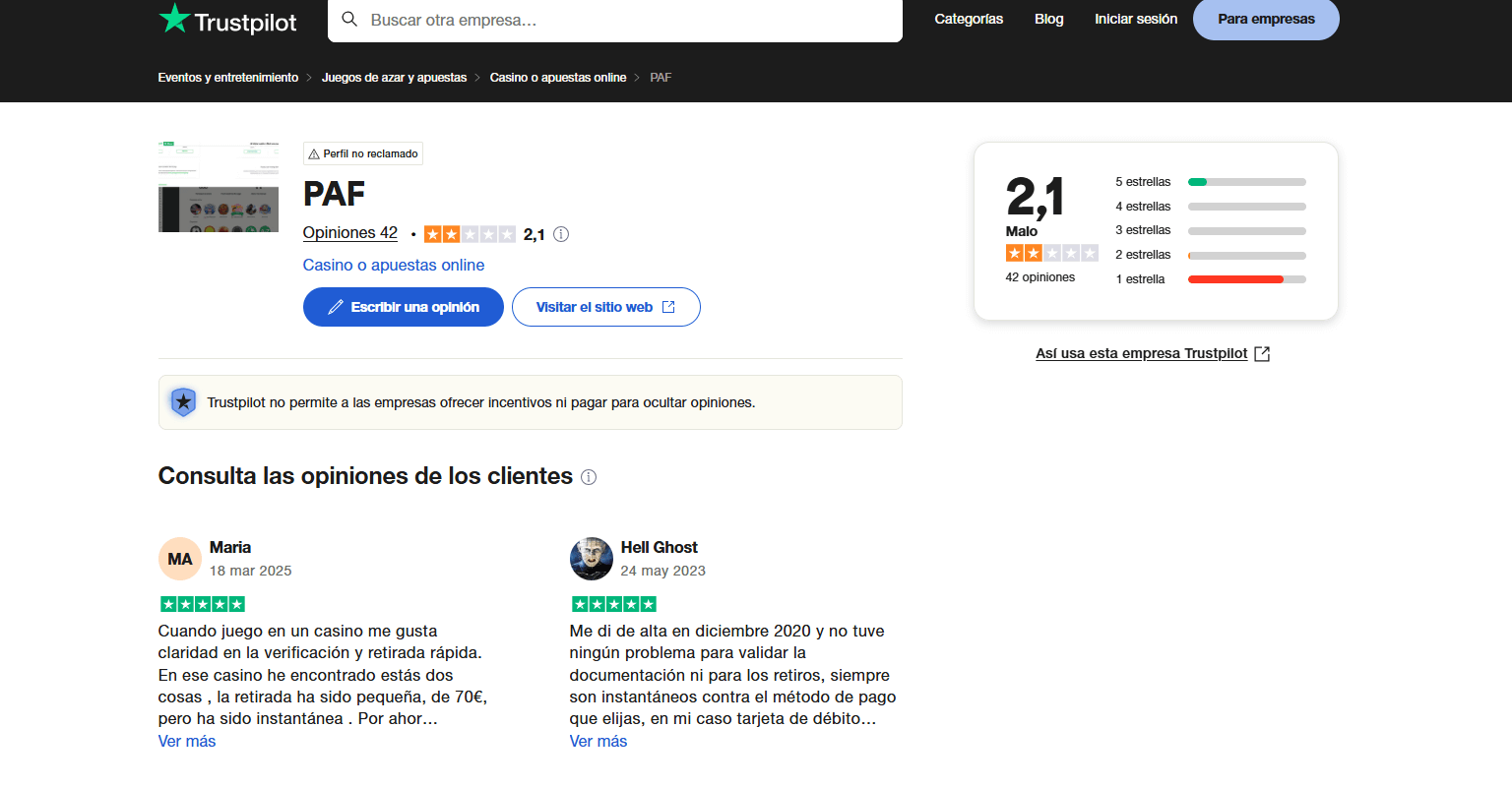Valoración Trustpilot para el casino online Paf Casino