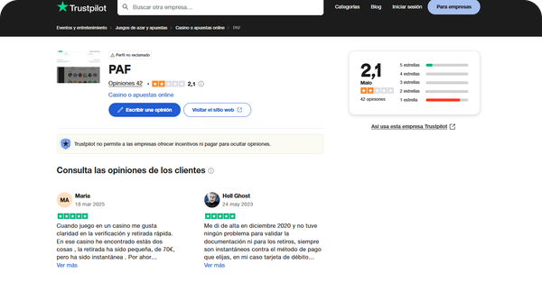 Valoración Trustpilot para el casino online Paf Casino