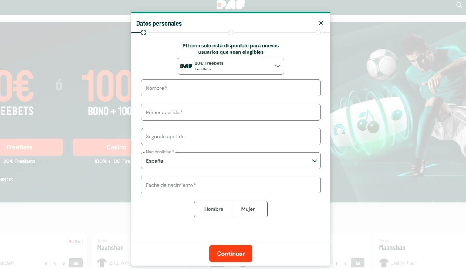 Paf Casino – Proceso de registro en línea, fase 1