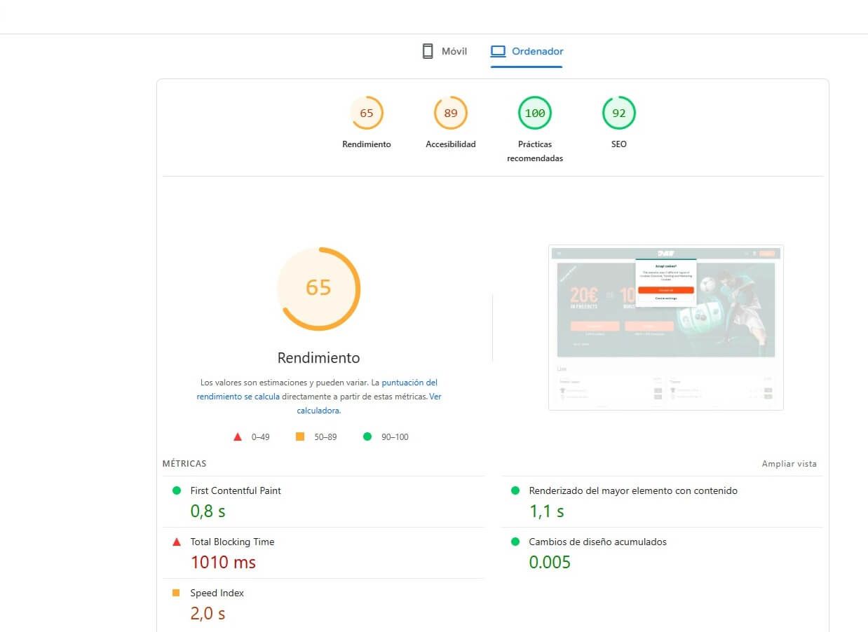 Análisis de velocidad de página del sitio Paf Casino en version desktop