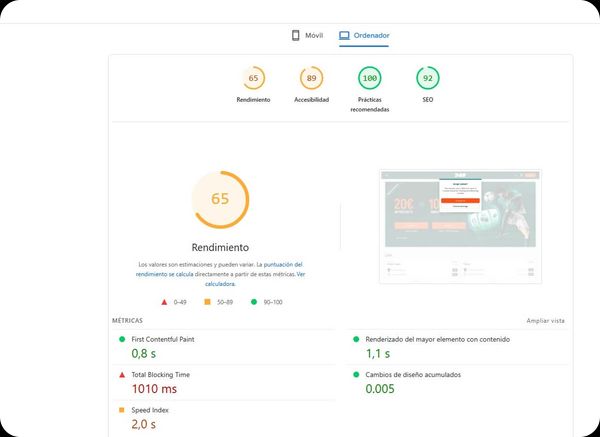 Análisis de velocidad de página del sitio Paf Casino en version desktop