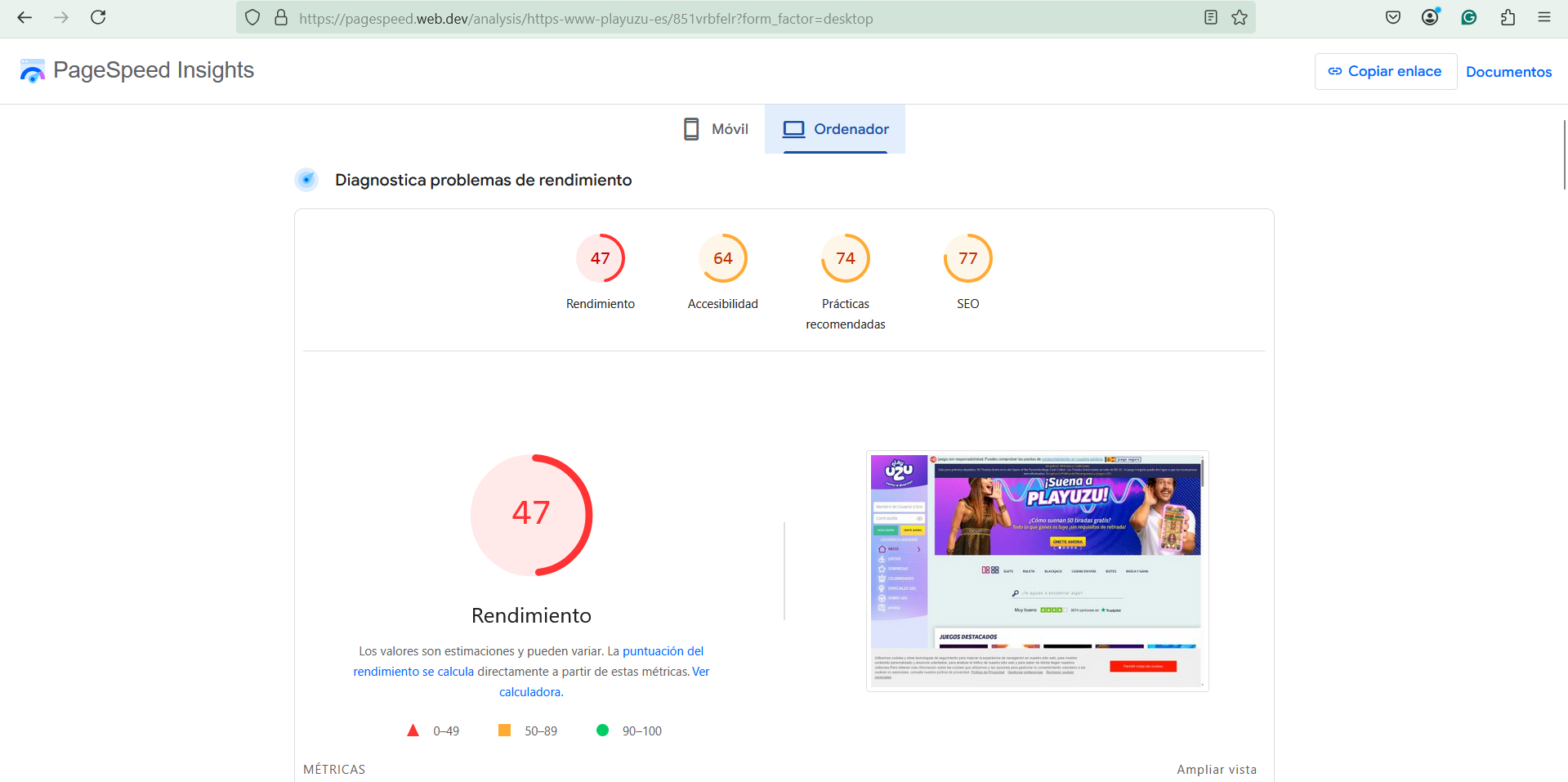 rendimiento página play uzu