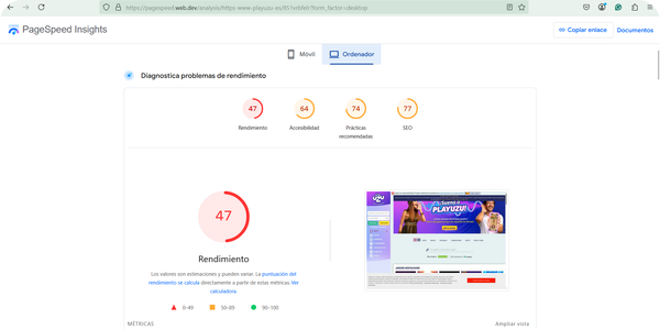 rendimiento página play uzu