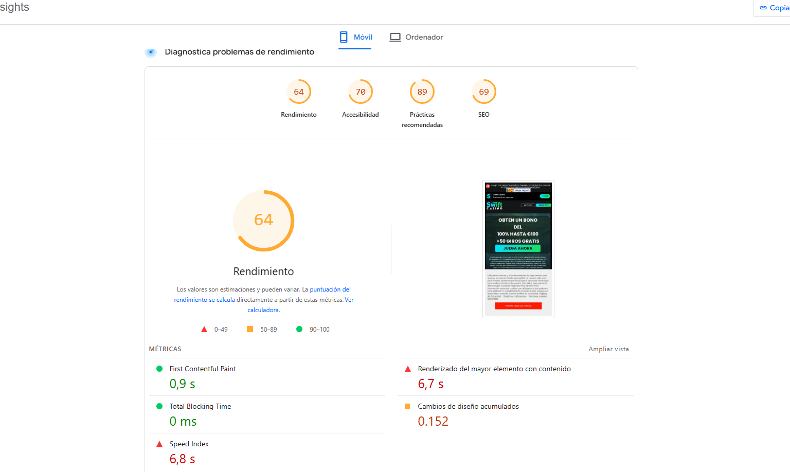 velocidad pagina swift casino