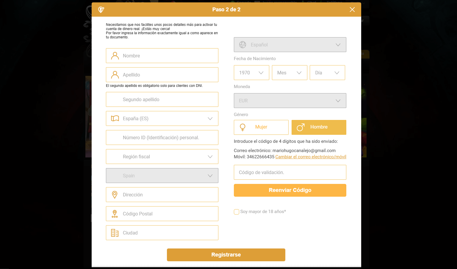 registro videoslots paso 2