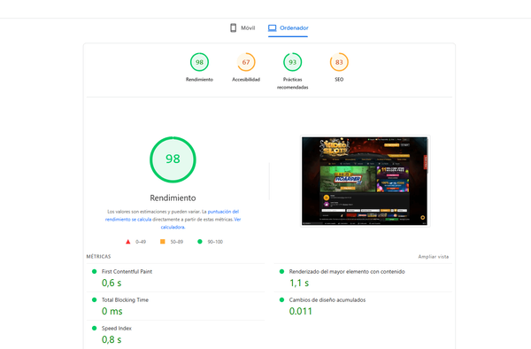 rendimiento pagina videoslots