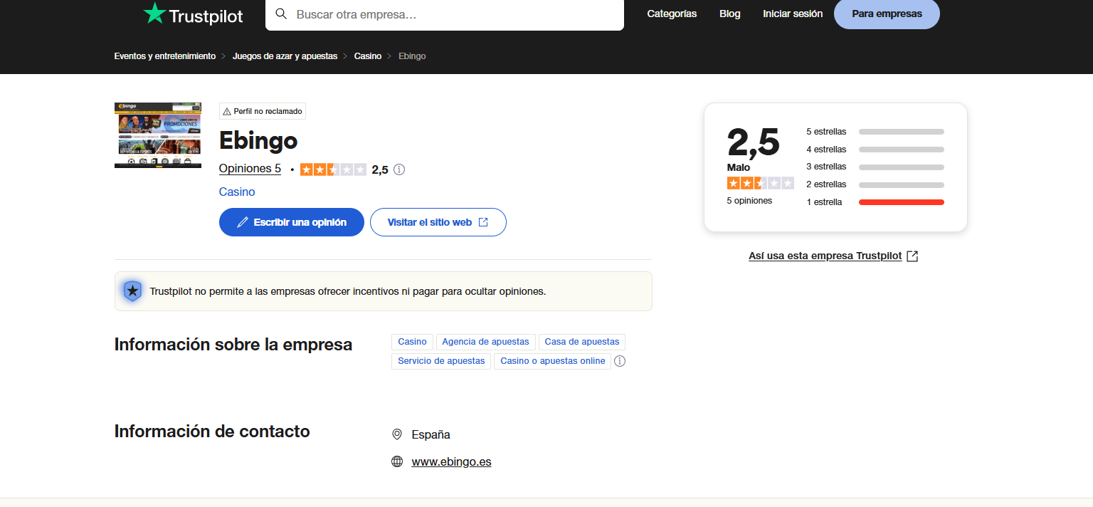 ebingo opiniones trustpilot