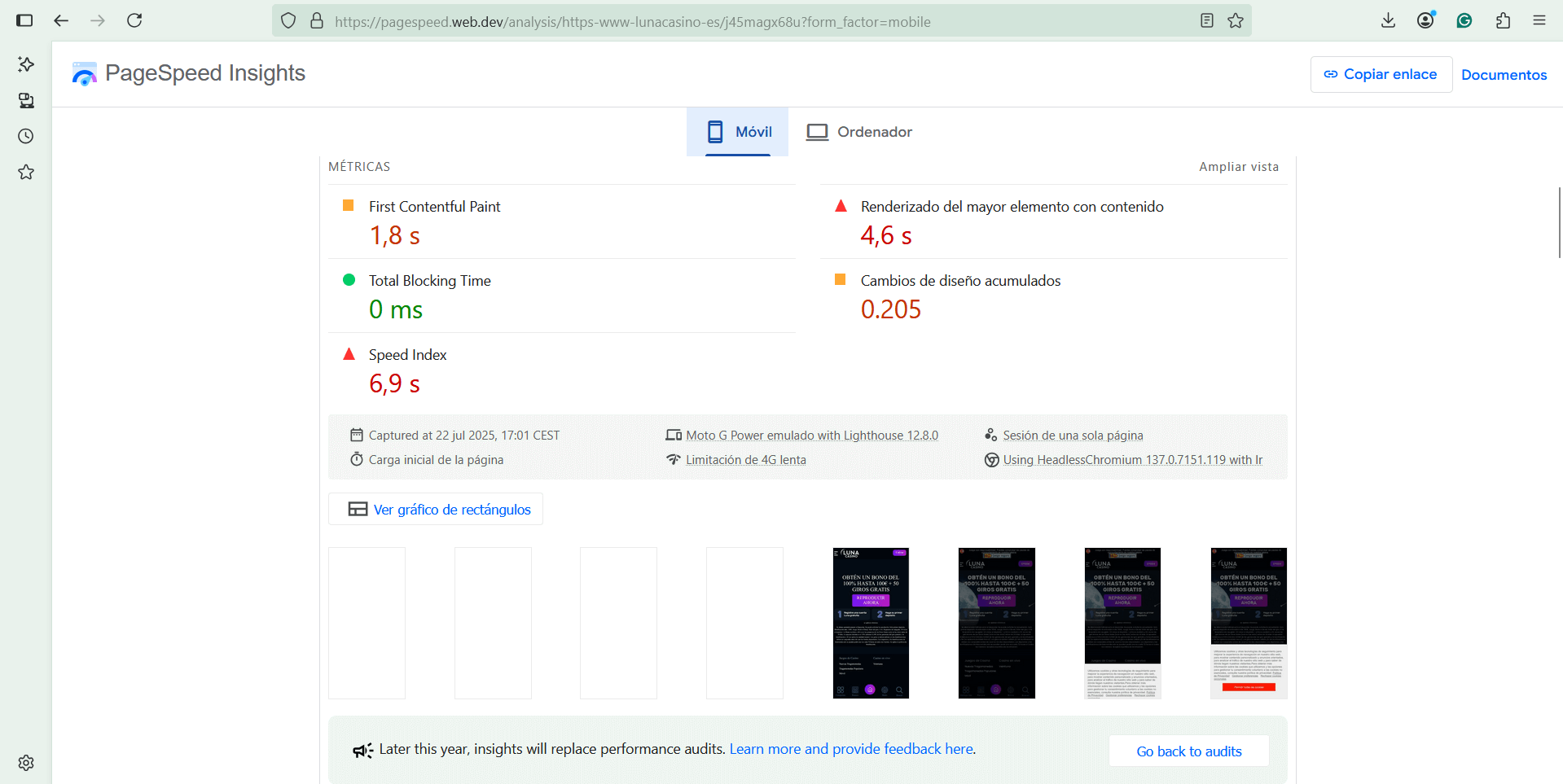 pagespeed rendimiento luna casino