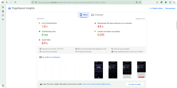 pagespeed rendimiento luna casino