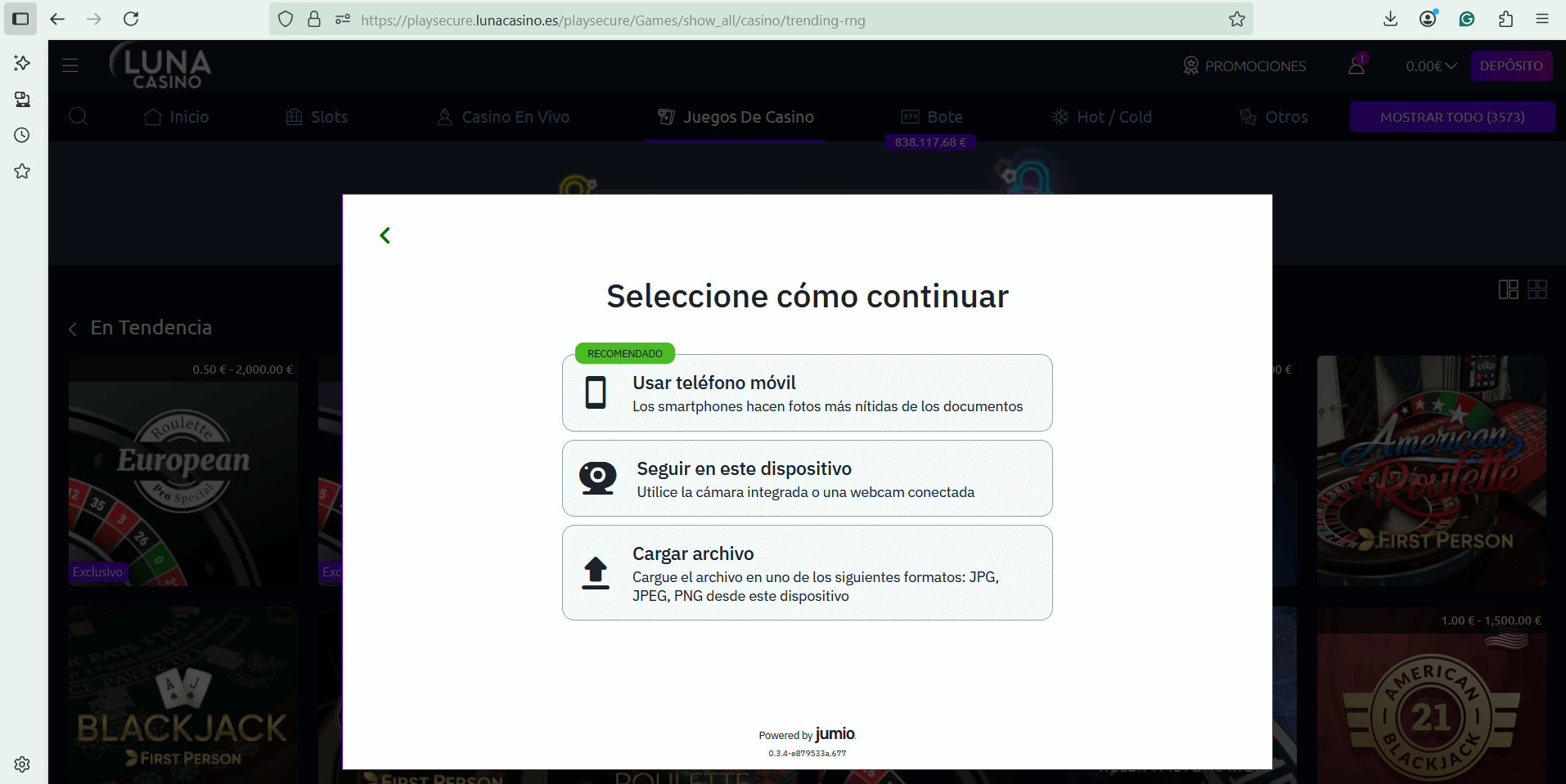 verificación 3 luna casino