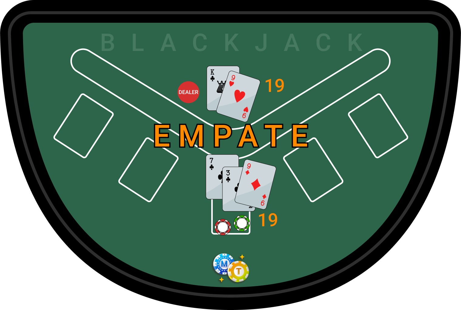 Juegos de Casino Blackjack Pide carta porque tu mano es 19 y la del crupier 19