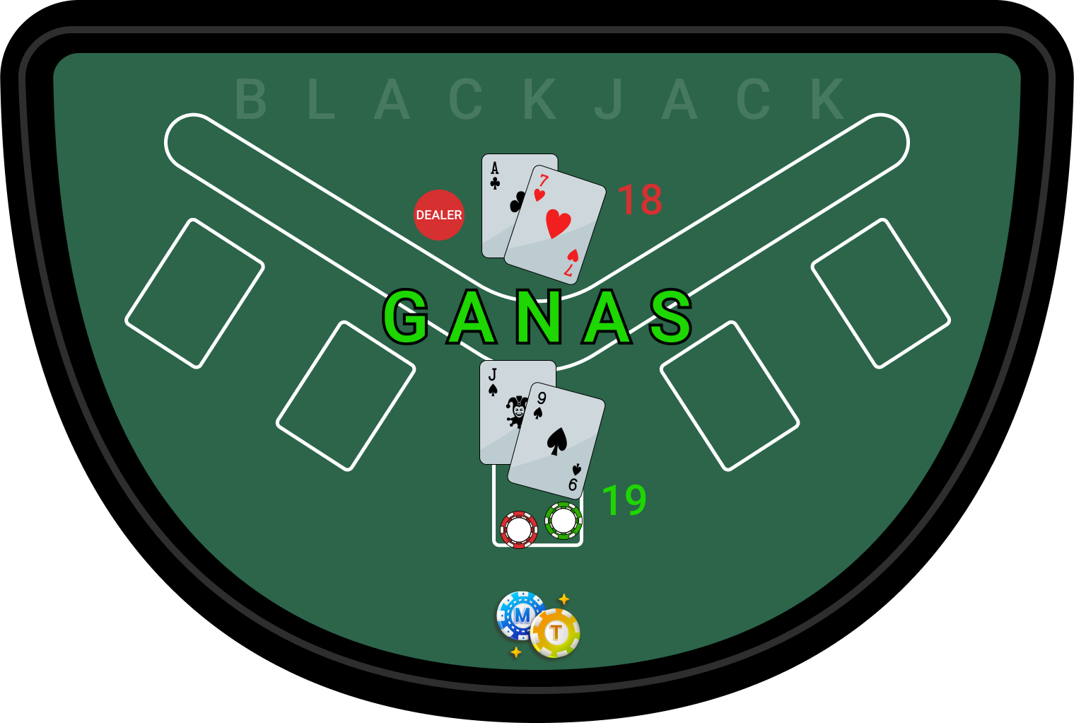 Juegos de Casino Blackjack Usted gana porque su mano es 19 y la mano del crupier es 18