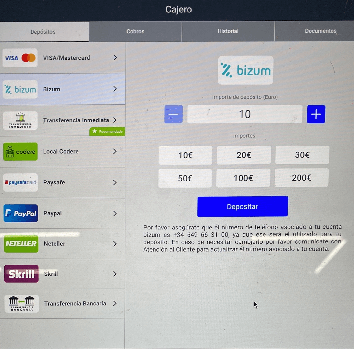 Datos del depósito con Bizum en Codere