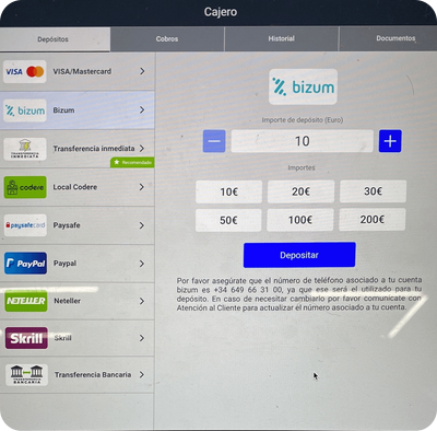Datos del depósito con Bizum en Codere