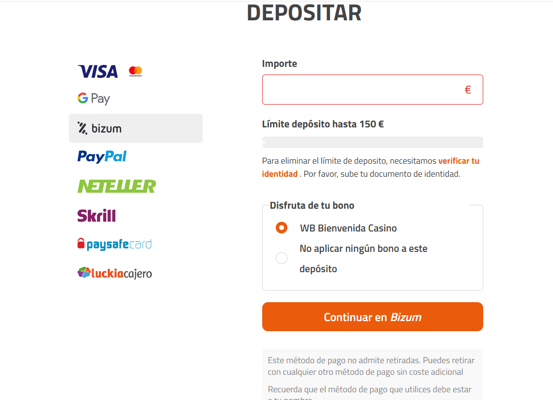 Pantalla del proceso de depósito con Bizum en Luckia - selección de importe y confirmación