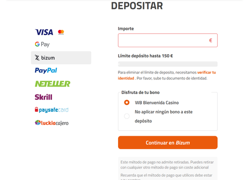 Pantalla del proceso de depósito con Bizum en Luckia - selección de importe y confirmación