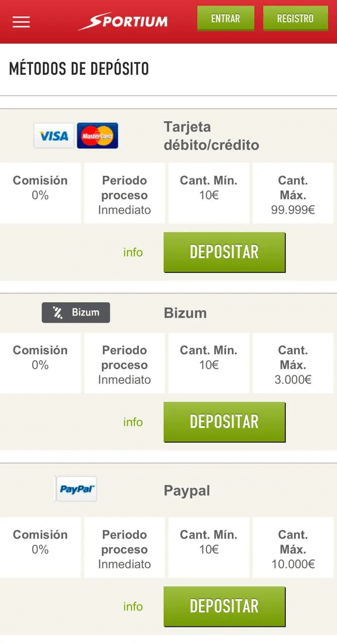 Depositar en Sportium con Bizum