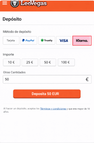 Página de depósito de LeoVegas con método de pago Klarna