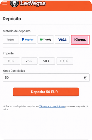 Página de depósito de LeoVegas con método de pago Klarna